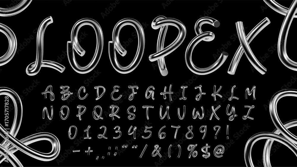 Poster chrome metallic typeface with uppercase looping 3d letters, numbers and symbols