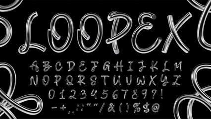 Chrome metallic typeface with uppercase looping 3D letters, numbers and symbols