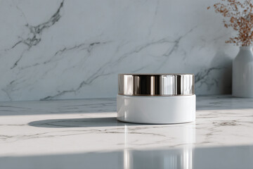 Standing resealable pouch on a white marble surface, blank area for branding, soft daylight, ultra-realistic packaging texture
