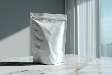Standing resealable pouch on a white marble surface, blank area for branding, soft daylight, ultra-realistic packaging texture