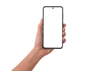 Close-up of hand showing blank smartphone screen isolated on a transparent background. Suitable for technology, marketing and product placement concepts.