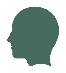 Minimalist human head silhouette icon. A simple green graphic symbol for psychology, thinking, mental health, and user profile concepts.