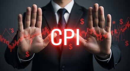 Businessman holds hands up with cpi text glowing in the center, symbolizing economic inflation and financial data