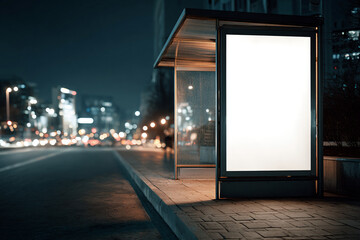 Urban bus stop with a blank advertising poster, evening city lights in the background, ultra-realistic style