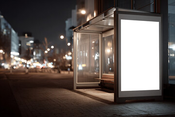 Urban bus stop with a blank advertising poster, evening city lights in the background, ultra-realistic style