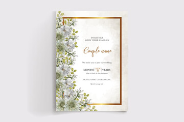 WEDDING INVITATION FRAME WITH FLOWER DECORATIONS AND FRESH LEAVES