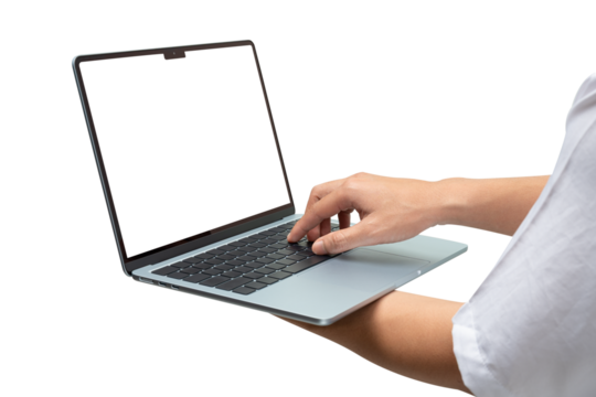 Side view of hands on modern laptop, blank screen. Isolated PNG for technology, business, finance, and advertising presentation.