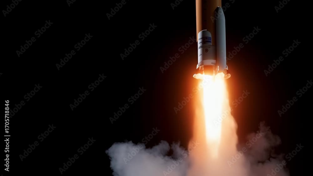 Aufkleber intense rocket propulsion system launching vertically with massive engine flame and billowing white 