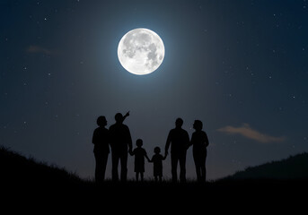 Family Silhouettes Under the Full Moon, Night Sky, Stars, Enjoying Nature's Beauty.