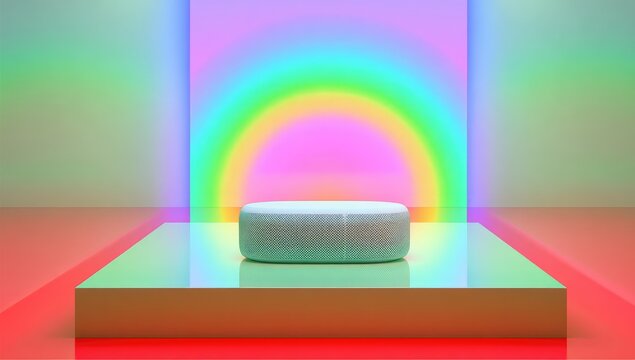 A light-blue pill rests on a glossy, pastel-green platform, centered before a vibrant, rainbow-hued backdrop of neon light
