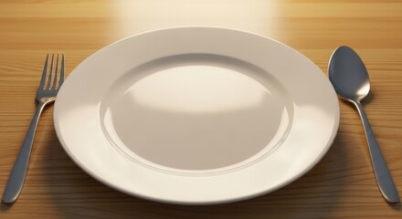 Empty Plate with Silver Cutlery on Wooden Table Background for Culinary Presentation