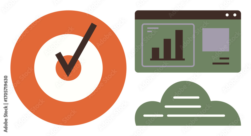 Aufkleber graphs on dashboard symbolize data tracking. checkmark in target represents success. cloud signifies