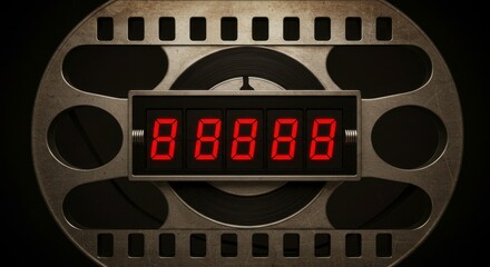 Vintage film reel with digital display showcasing the number 8, representing nostalgia and