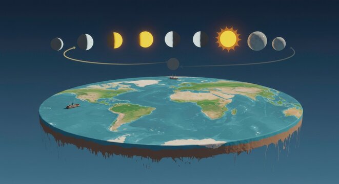 Visual representation of the flat Earth theory with moon phases and sun orbiting above a disc