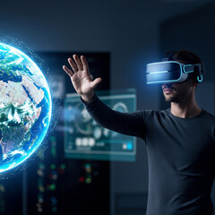 Man Wearing VR Headset Interacts with Holographic Earth Globe in a Futuristic Room, Representing Virtual Reality and Global Technology