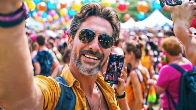 A man is taking a selfie at a lively outdoor festival surrounded by a crowd.