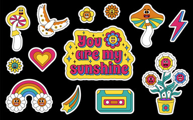 Groovy stickers set. Groovy hippie 70s set. Sticker pack in trendy retro psychedelic style.
