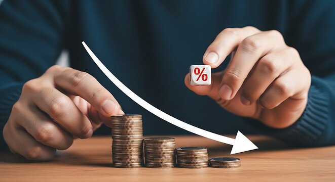 Person holding a cube with a percentage sign, symbolizing financial decline, with stacks of coins decreasing in value