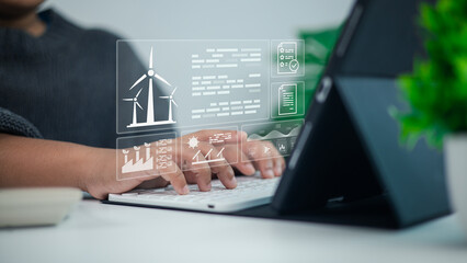 Renewable Energy and Green Technology Concept with Wind Turbine and Sustainability Data