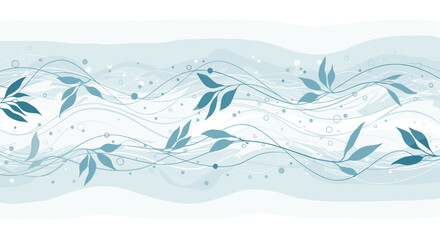 Abstract Blue Floral Swirls with Leaves and Dots.