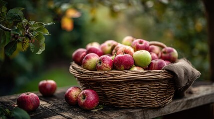 A wicker basket filled with fresh red and green apples sits on a wooden table in a garden. The background features blurred greenery and soft sunlight.