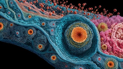 Menopause Awareness Month. Scientific illustration of cellular level estrogen receptor activity during menopause, molecular binding visualization, cellular structures and pathways