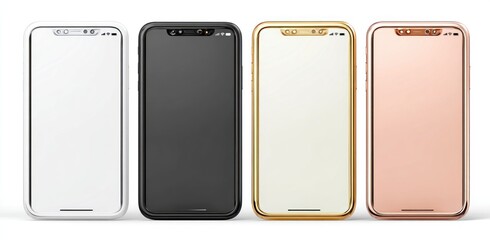 Four smartphones in white, black, gold, & rose gold, standing upright and side-by-side against a plain background, showing blank screens