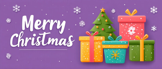 Colorful Christmas gift boxes with a festive tree on purple background