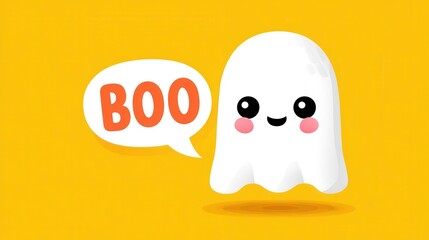Cute ghost illustration with speech bubble saying boo on yellow background