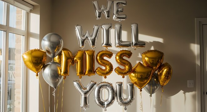 Shiny metallic farewell balloons spelling message in warm sunlight.