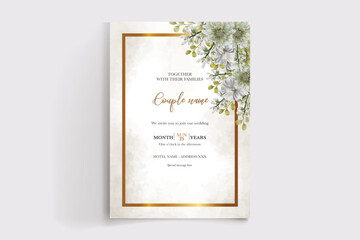 WEDDING INVITATION FRAME WITH FLOWER DECORATIONS AND FRESH LEAVES