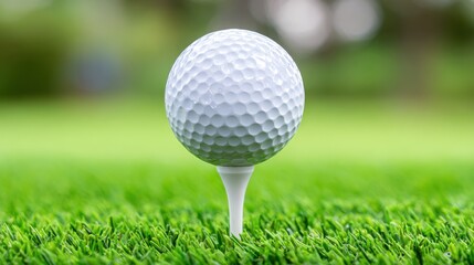 Golf ball resting on a tee surrounded by lush green grass
