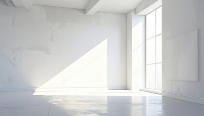Obraz premium A bright, sun-drenched, empty room with large windows and a blank canvas, showcasing a minimalist, contemporary aesthetic.
