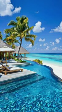 A stunning view of the pool and beach at an island resort in Maldives, with palm trees swaying gently under blue skies Sun loungers line one side of the pool.