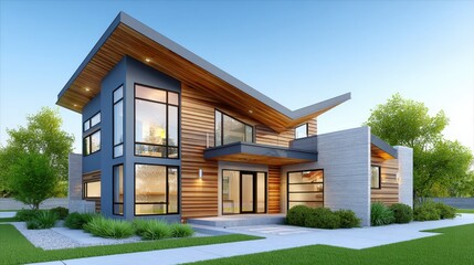 Modern two-story house with elegant wood and glass design in residential setting