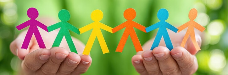 Hands holding colorful paper cutout chain of people symbolizing unity and equality