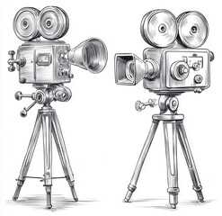Vintage cinema cameras on tripods with artistic line art illustration
