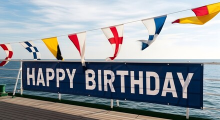 Obraz premium A 'Happy Birthday' banner and colorful nautical signal flags on a ship's deck with the sea in the background.