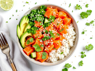 Fresh colorful salmon poke bowl with avocado, cucumber, and sesame seeds over rice