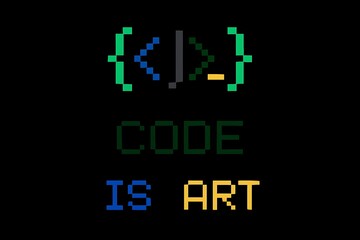 Minimalist Pixel Art Design Code Is Art Symbol on Black Background.