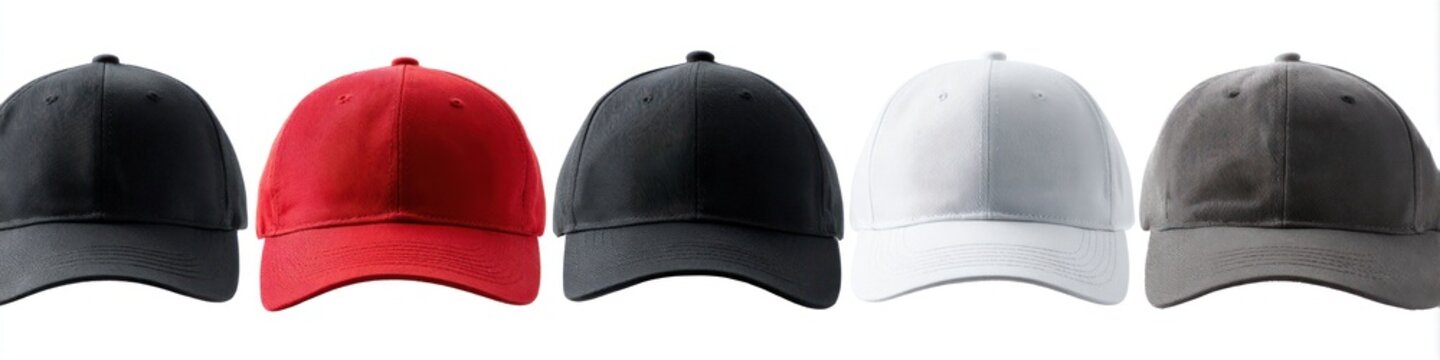 Five baseball caps in a row, featuring black, red, white, and grey against a white background, demonstrating different colors and simple design