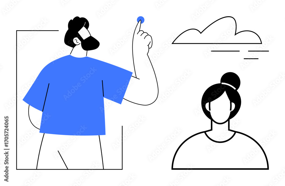 Aufkleber man gesturing upwards beside woman in simple outline with cloud element. ideal for teamwork, diversi