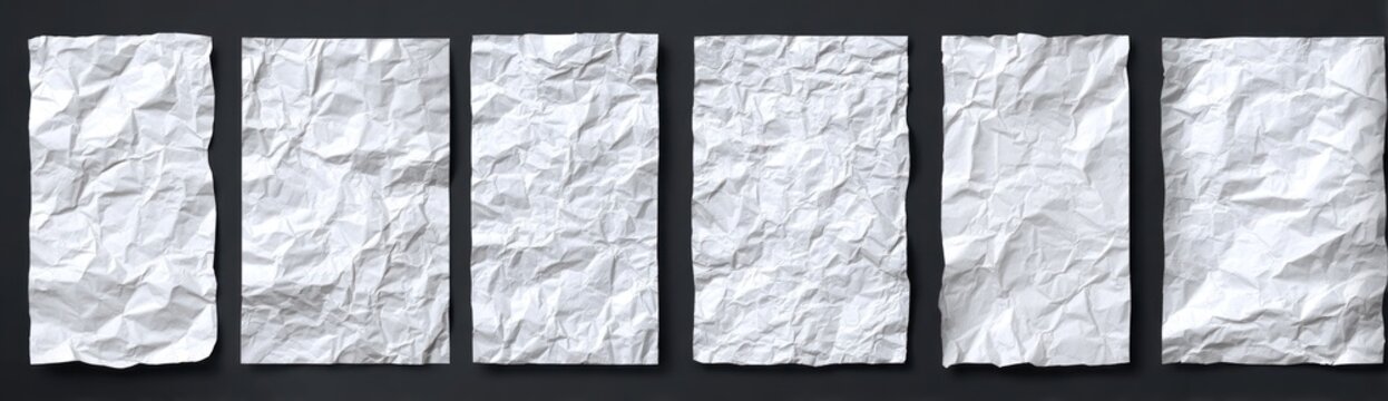 Six crumpled white papers, arranged vertically against a dark gray backdrop, show varying textures and lighting creating shadows and highlights