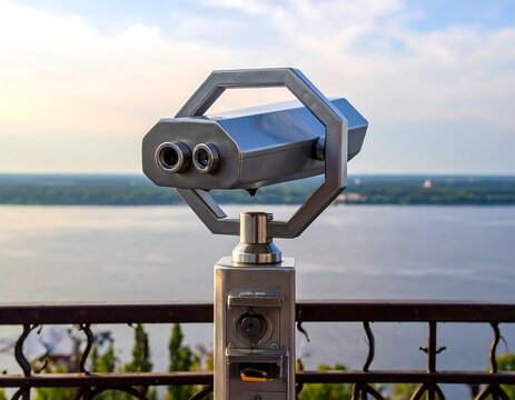Metal binoculars on a stand overlooking a river