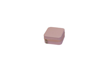 jewelry case isolated, pink case for storing necklaces earrings, bracelets on white background 