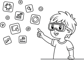 Excited boy wearing virtual reality goggles, interacting with floating digital icons, kid exploring technology, augmented reality experience for children, futuristic learning and fun