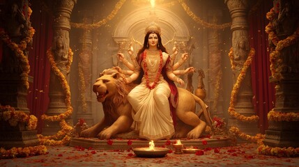 Fototapeta premium Goddess Durga Ammavaru on lion with weapons – Vijayadashami Navratri Dussehra