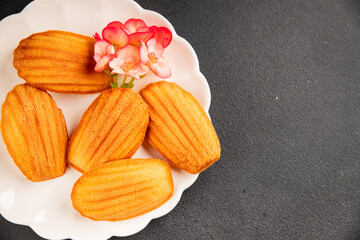 Madeleine cookies sweet dessert traditional french sweets tasty snack fresh delicious gourmet food background on the table rustic top view copy space