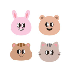 Cute cartoon animal faces set – bunny, bear, hamster, and cat with happy expressions. Adorable vector illustration for kids, stickers, or design elements.