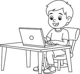 Happy young boy sitting at table using laptop computer, child learning online, digital education concept, smiling kid typing on keyboard, line art illustration